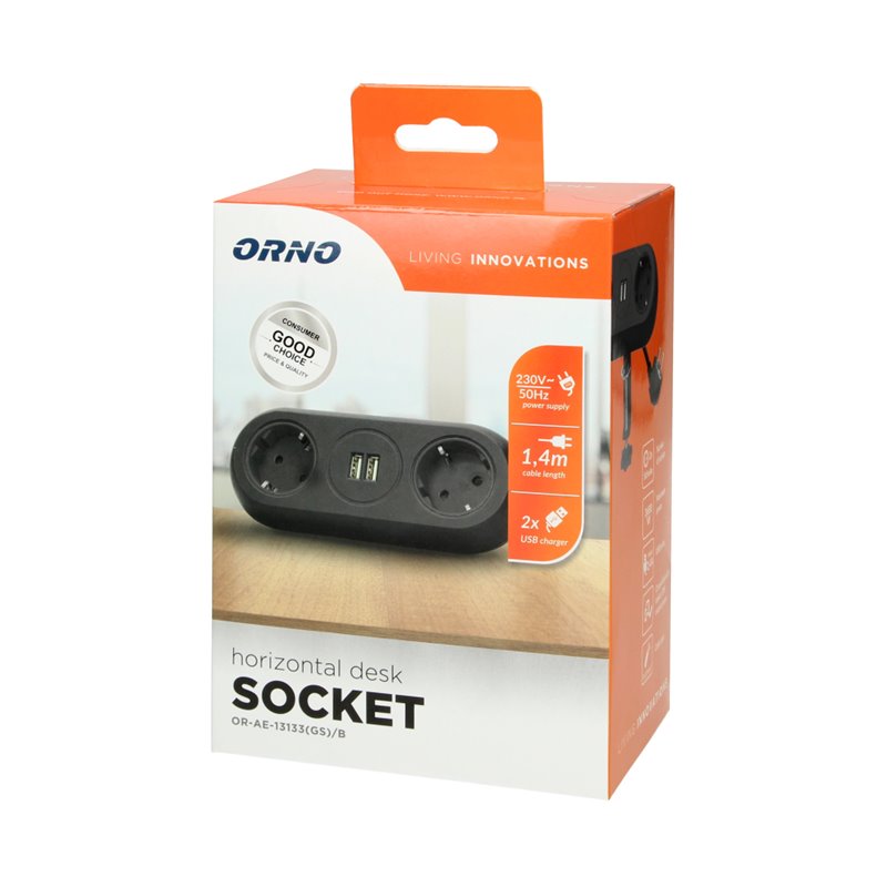 GNIAZDO MEBLOWE Z UCHWYTEM MONTAŻOWYM, ŁADOWARKĄ USB, 2 GNIAZDA 2P+Z (SCHUKO), 2XUSB, PRZEWÓD 3X1,5MM2 - 1,4M, CZARNE ORNO GNIAZDO MEBLOWE Z UCHWYTEM MONTAŻOWYM, ŁADOWARKĄ USB, 2 GNIAZDA 2P+Z (SCHUKO), 2XUSB, PRZEWÓD 3X1,5MM2 - 1,4M, CZARNE ORNO