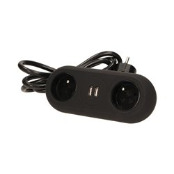 GNIAZDO MEBLOWE Z UCHWYTEM MONTAŻOWYM, ŁADOWARKĄ USB, 2 GNIAZDA 2P+Z, 2XUSB, PRZEWÓD 3X1,5MM2 - 1,4M, CZARNE ORNO
