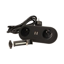 GNIAZDO MEBLOWE Z UCHWYTEM MONTAŻOWYM, ŁADOWARKĄ USB, 2 GNIAZDA 2P+Z, 2XUSB, PRZEWÓD 3X1,5MM2 - 1,4M, CZARNE ORNO