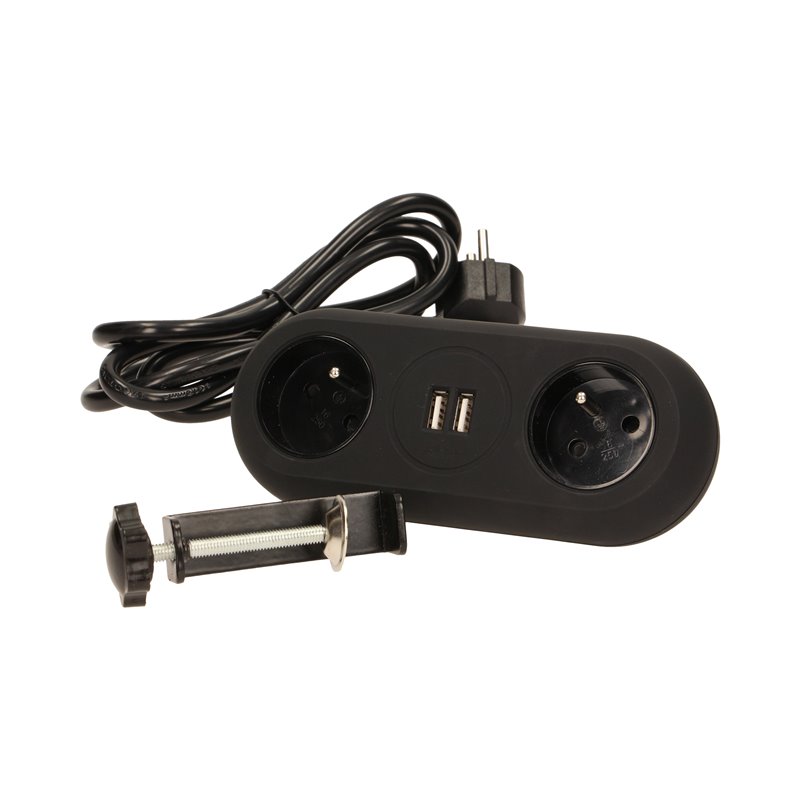 GNIAZDO MEBLOWE Z UCHWYTEM MONTAŻOWYM, ŁADOWARKĄ USB, 2 GNIAZDA 2P+Z, 2XUSB, PRZEWÓD 3X1,5MM2 - 1,4M, CZARNE ORNO