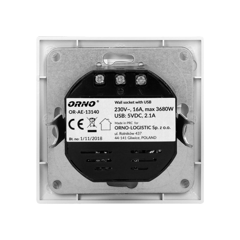 GNIAZDO POJEDYNCZE 2P+Z, USBX2 ORNO GNIAZDO POJEDYNCZE 2P+Z, USBX2 ORNO