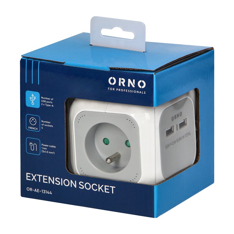 PRZEDŁUŻACZ 4 KROTNY 2P+Z, ŁADOWARKA 2XUSB, 1,4M H05VV-F 3X1MM2, SZARO-BIAŁY ORNO PRZEDŁUŻACZ 4 KROTNY 2P+Z, ŁADOWARKA 2XUSB, 1,4M H05VV-F 3X1MM2, SZARO-BIAŁY ORNO