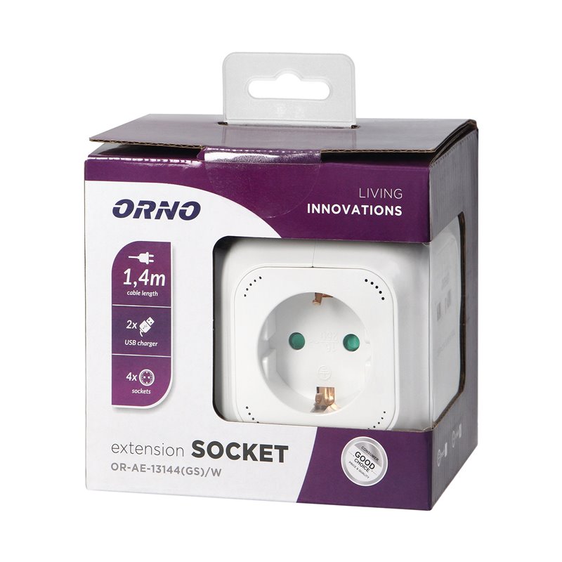 PRZEDŁUŻACZ 4 KROTNY 2P+Z (SCHUKO), ŁADOWARKA 2XUSB, 1,4M H05VV-F 3X1,5MM2, BIAŁY ORNO PRZEDŁUŻACZ 4 KROTNY 2P+Z (SCHUKO), ŁADOWARKA 2XUSB, 1,4M H05VV-F 3X1,5MM2, BIAŁY ORNO
