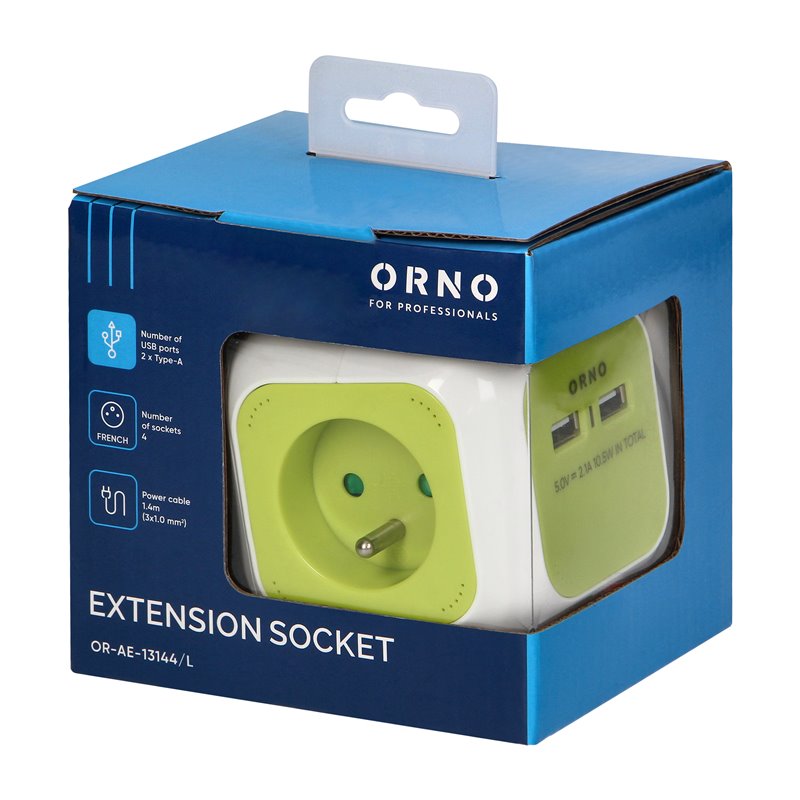 PRZEDŁUŻACZ 4-KROTNY Z ŁADOWARKĄ 2XUSB 1,4M LIMONKOWY ORNO PRZEDŁUŻACZ 4-KROTNY Z ŁADOWARKĄ 2XUSB 1,4M LIMONKOWY ORNO