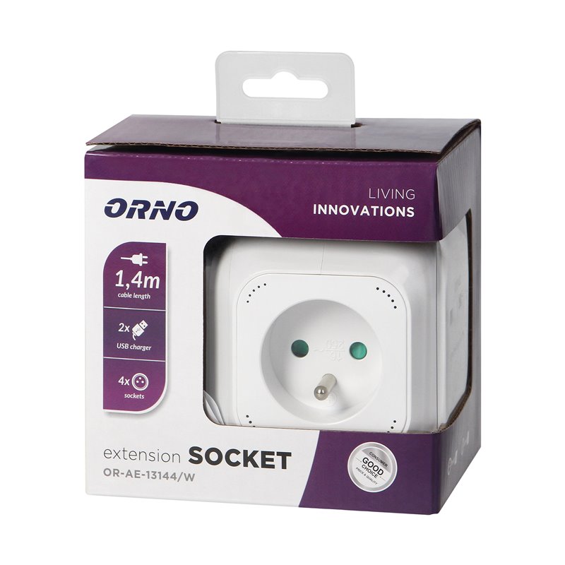 PRZEDŁUŻACZ 4 KROTNY 2P+Z, ŁADOWARKA 2XUSB, 1,4M H05VV-F 3X1MM2, BIAŁY ORNO PRZEDŁUŻACZ 4 KROTNY 2P+Z, ŁADOWARKA 2XUSB, 1,4M H05VV-F 3X1MM2, BIAŁY ORNO