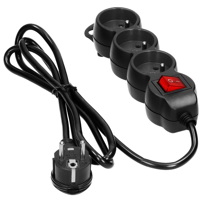 PRZEDŁUŻACZ 3-KROTNY 2P+Z Z WYŁĄCZNIKIEM, 1,5M H05VV-F 3X1,0MM2, IMAX10A, PŁASKA WTYCZKA, CZARNY ORNO PRZEDŁUŻACZ 3-KROTNY 2P+Z Z WYŁĄCZNIKIEM, 1,5M H05VV-F 3X1,0MM2, IMAX10A, PŁASKA WTYCZKA, CZARNY ORNO