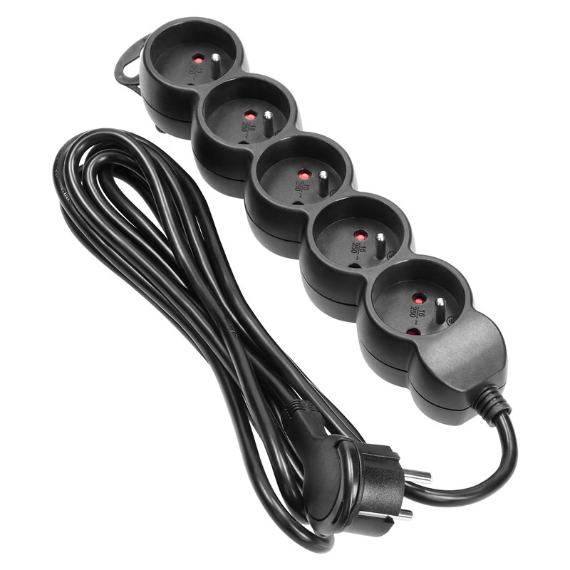 PRZEDŁUŻACZ 5-KROTNY 2P+Z, 3M H05VV-F 3X1,0MM2, IMAX10A, PŁASKA WTYCZKA, CZARNY ORNO PRZEDŁUŻACZ 5-KROTNY 2P+Z, 3M H05VV-F 3X1,0MM2, IMAX10A, PŁASKA WTYCZKA, CZARNY ORNO