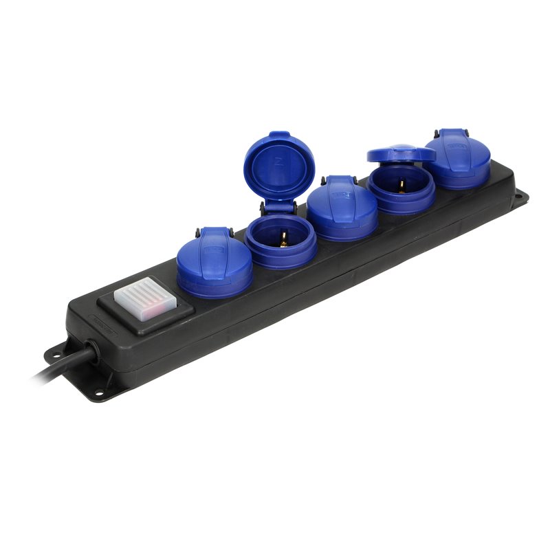PRZEDŁUŻACZ WARSZTATOWY BRYZGOSZCZELNY Z WYŁĄCZNIKIEM, 5 GNIAZD 2P+Z (SCHUKO), IP44, PRZEWÓD GUMOWY, H05RR-F 3X1,5MM2, DŁUGOŚĆ 5 PRZEDŁUŻACZ WARSZTATOWY BRYZGOSZCZELNY Z WYŁĄCZNIKIEM, 5 GNIAZD 2P+Z (SCHUKO), IP44, PRZEWÓD GUMOWY, H05RR-F 3X1,5MM2, DŁUGOŚĆ 5