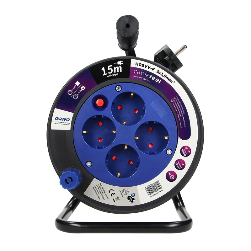 PRZEDŁUŻACZ BĘBNOWY MINI, 4 GNIAZDA 2P+Z (SCHUKO), METALOWY STOJAK, POLWINIT H05VV-F 3X1.5MM2 - 15M ORNO PRZEDŁUŻACZ BĘBNOWY MINI, 4 GNIAZDA 2P+Z (SCHUKO), METALOWY STOJAK, POLWINIT H05VV-F 3X1.5MM2 - 15M ORNO