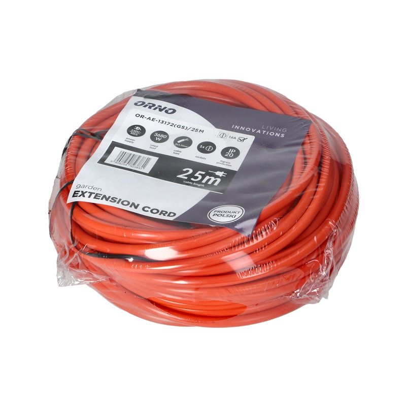 PRZEDŁUŻACZ OGRODOWY POMARAŃCZOWY ZALEWANY, 1X2P+Z (SCHUKO) 25M, H05VV-F 3X1,5MM2, 230VAC/16A , PRODUKT POLSKI ORNO PRZEDŁUŻACZ OGRODOWY POMARAŃCZOWY ZALEWANY, 1X2P+Z (SCHUKO) 25M, H05VV-F 3X1,5MM2, 230VAC/16A , PRODUKT POLSKI ORNO