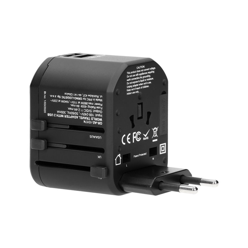 GOWORLD USB UNIWERSALNY ADAPTER PODRÓŻNY DO PONAD 200 KRAJÓW ŚWIATA, 100-240V, 8A, 2 X USB, 5V 2,4A INTELIGENTNA IDENTYFIKACJA O