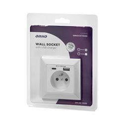 GNIAZDO POJEDYNCZE 2P+Z, USB-A + USB-C ,WYJŚCIE 5VDC MAX 2,8A ORNO GNIAZDO POJEDYNCZE 2P+Z, USB-A + USB-C ,WYJŚCIE 5VDC MAX 2,8A ORNO