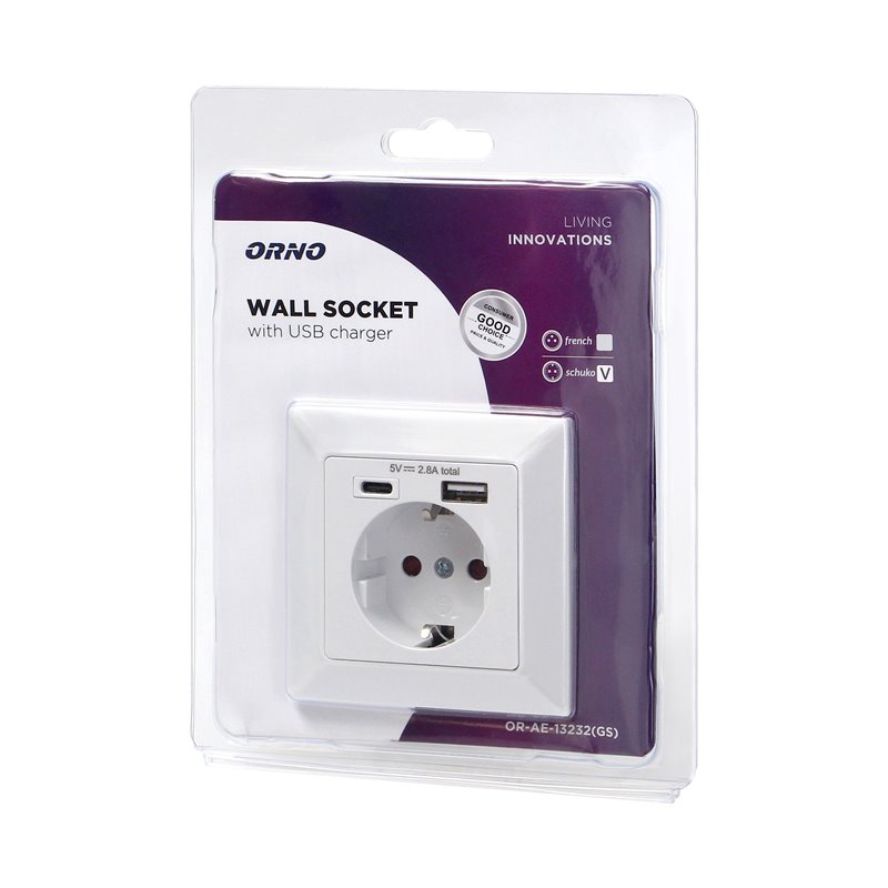 GNIAZDO POJEDYNCZE 2P+Z (SCHUKO), USB-A + USB-C, WYJŚCIE 5VDC MAX 2,8A ORNO GNIAZDO POJEDYNCZE 2P+Z (SCHUKO), USB-A + USB-C, WYJŚCIE 5VDC MAX 2,8A ORNO