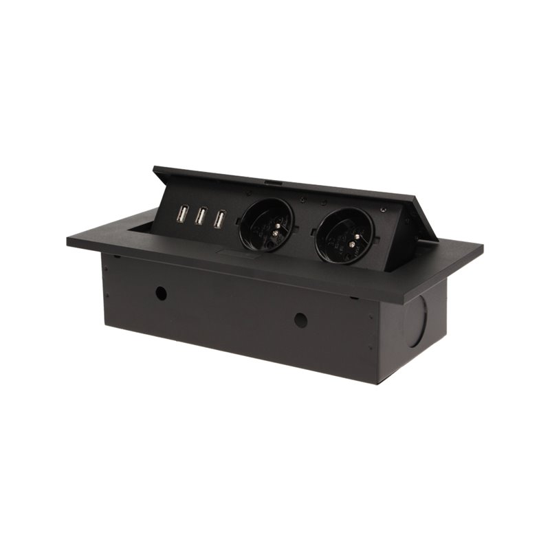 GNIAZDO MEBLOWE WPUSZCZANE W BLAT Z GRUBYM RANTEM, 2X2P+Z, 3 PORTY USB, CZARNE ORNO GNIAZDO MEBLOWE WPUSZCZANE W BLAT Z GRUBYM RANTEM, 2X2P+Z, 3 PORTY USB, CZARNE ORNO