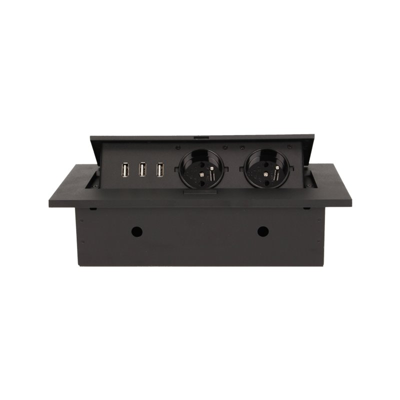 GNIAZDO MEBLOWE WPUSZCZANE W BLAT Z GRUBYM RANTEM, 2X2P+Z, 3 PORTY USB, CZARNE ORNO GNIAZDO MEBLOWE WPUSZCZANE W BLAT Z GRUBYM RANTEM, 2X2P+Z, 3 PORTY USB, CZARNE ORNO