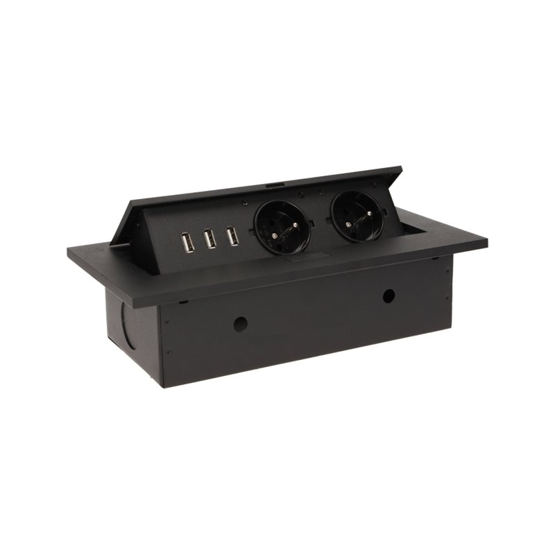 GNIAZDO MEBLOWE WPUSZCZANE W BLAT Z GRUBYM RANTEM, 2X2P+Z, 3 PORTY USB, CZARNE ORNO GNIAZDO MEBLOWE WPUSZCZANE W BLAT Z GRUBYM RANTEM, 2X2P+Z, 3 PORTY USB, CZARNE ORNO