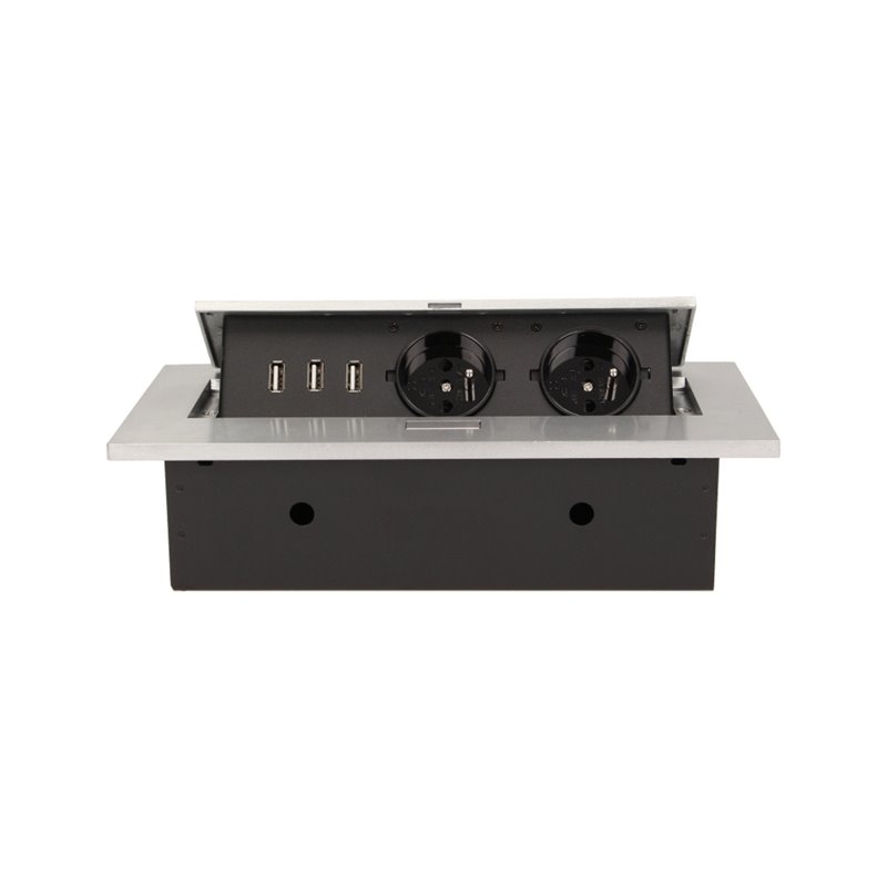 GNIAZDO MEBLOWE WPUSZCZANE W BLAT Z GRUBYM RANTEM, 2X2P+Z, 3 PORTY USB, SREBRNE ORNO GNIAZDO MEBLOWE WPUSZCZANE W BLAT Z GRUBYM RANTEM, 2X2P+Z, 3 PORTY USB, SREBRNE ORNO