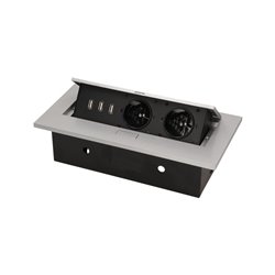 GNIAZDO MEBLOWE WPUSZCZANE W BLAT Z GRUBYM RANTEM, 2X2P+Z, 3 PORTY USB, SREBRNE ORNO GNIAZDO MEBLOWE WPUSZCZANE W BLAT Z GRUBYM RANTEM, 2X2P+Z, 3 PORTY USB, SREBRNE ORNO