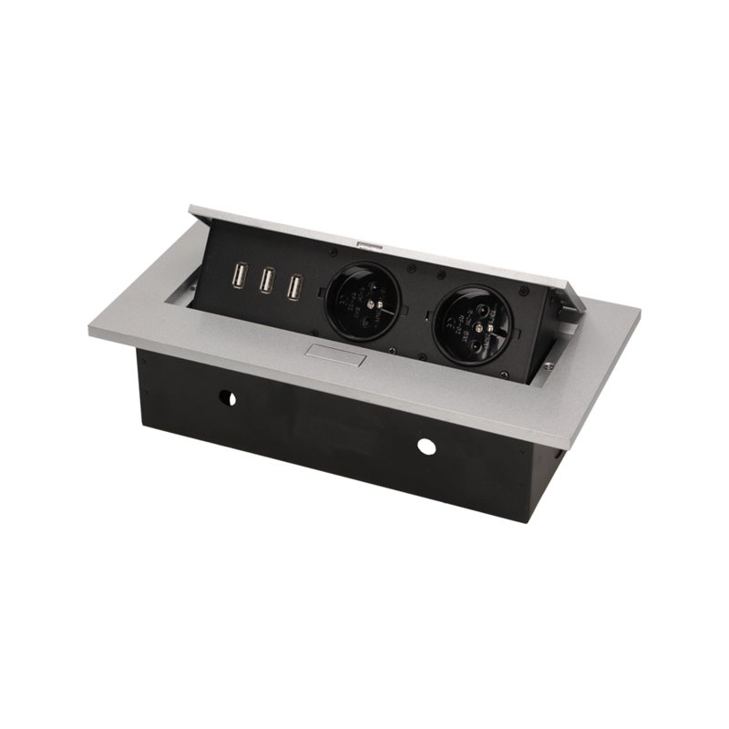 GNIAZDO MEBLOWE WPUSZCZANE W BLAT Z GRUBYM RANTEM, 2X2P+Z, 3 PORTY USB, SREBRNE ORNO GNIAZDO MEBLOWE WPUSZCZANE W BLAT Z GRUBYM RANTEM, 2X2P+Z, 3 PORTY USB, SREBRNE ORNO