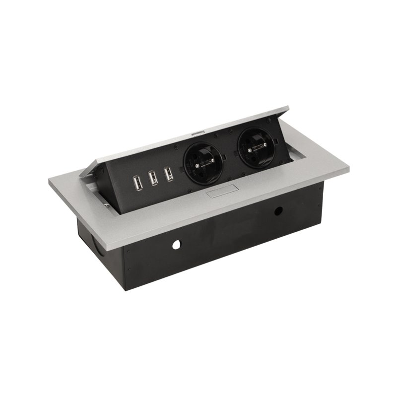 GNIAZDO MEBLOWE WPUSZCZANE W BLAT Z GRUBYM RANTEM, 2X2P+Z, 3 PORTY USB, SREBRNE ORNO GNIAZDO MEBLOWE WPUSZCZANE W BLAT Z GRUBYM RANTEM, 2X2P+Z, 3 PORTY USB, SREBRNE ORNO
