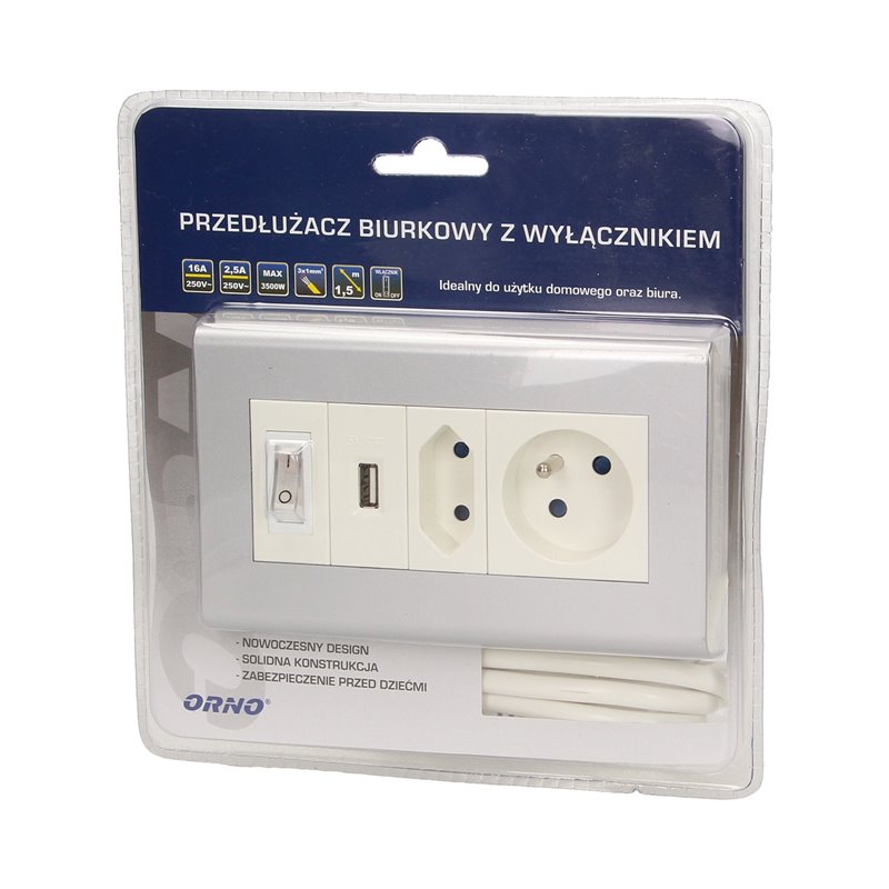 PRZEDŁUŻACZ BIURKOWY Z WYŁĄCZNIKIEM I ŁADOWARKĄ, 1X2P+Z, 1X2P/II, 1XUSB, PRZEWÓD 1,5M 3X1MM ORNO PRZEDŁUŻACZ BIURKOWY Z WYŁĄCZNIKIEM I ŁADOWARKĄ, 1X2P+Z, 1X2P/II, 1XUSB, PRZEWÓD 1,5M 3X1MM ORNO