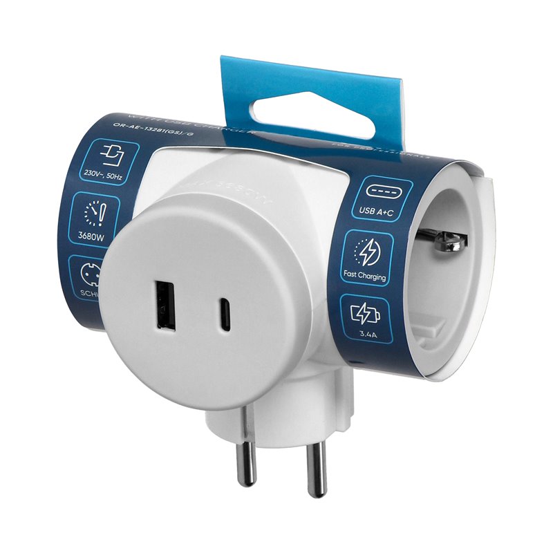 ROZGAŁĘŹNIK 2P+Z (SCHUKO) Z ŁADOWARKĄ 2XUSB, SZYBKIE ŁADOWANIE, BIAŁO-SZARY ORNO ROZGAŁĘŹNIK 2P+Z (SCHUKO) Z ŁADOWARKĄ 2XUSB, SZYBKIE ŁADOWANIE, BIAŁO-SZARY ORNO