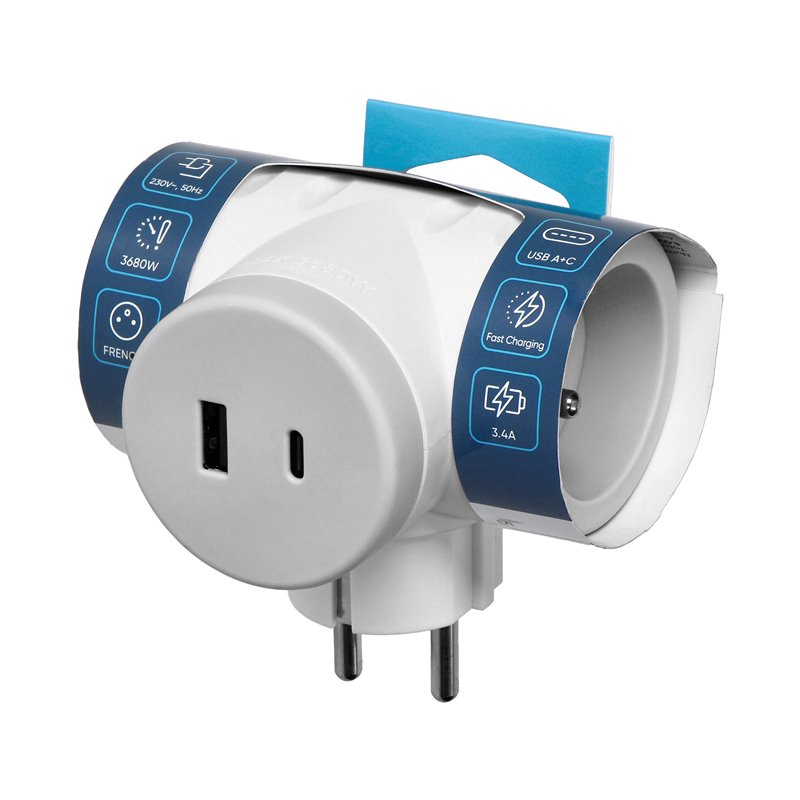 ROZGAŁĘŹNIK 2P+Z Z ŁADOWARKĄ 2XUSB, SZYBKIE ŁADOWANIE, BIAŁO-SZARY ORNO ROZGAŁĘŹNIK 2P+Z Z ŁADOWARKĄ 2XUSB, SZYBKIE ŁADOWANIE, BIAŁO-SZARY ORNO