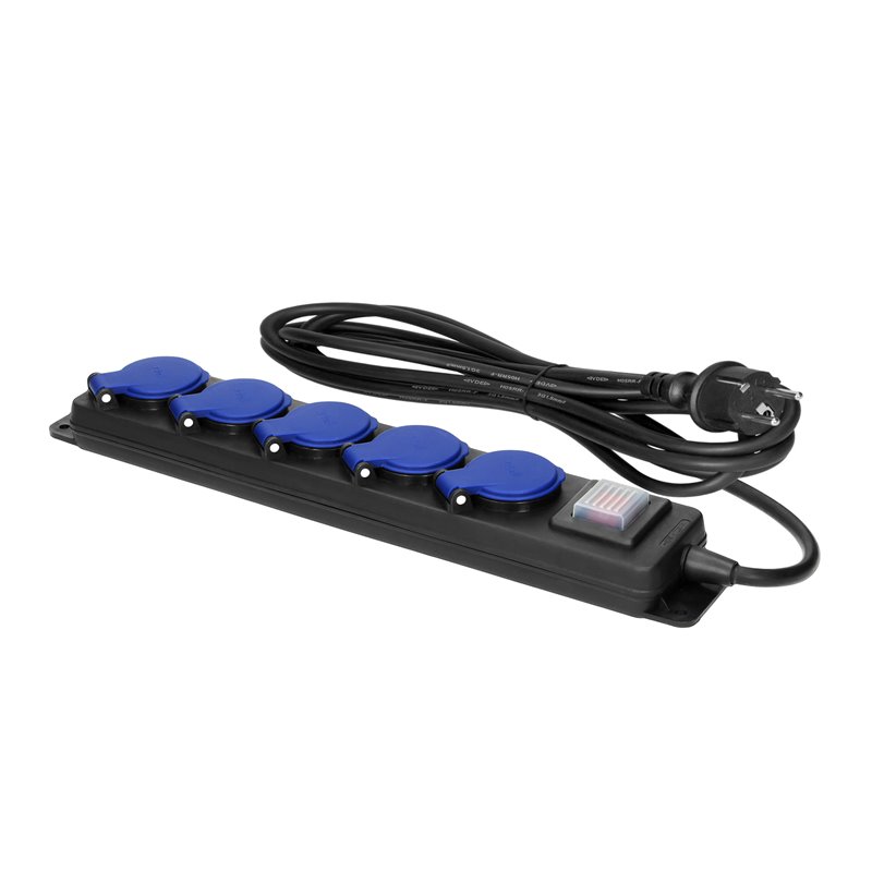 PRZEDŁUŻACZ WARSZTATOWY BRYZGOSZCZELNY Z WYŁĄCZNIKIEM, 5 GNIAZD 2P+Z, IP44, PRZEWÓD GUMOWY, H05RR-F 3X1,5MM2, DŁUGOŚĆ 3M ORNO