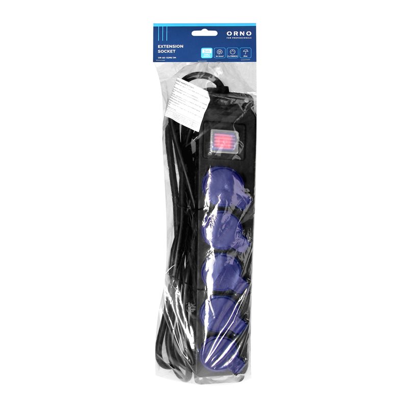 PRZEDŁUŻACZ WARSZTATOWY BRYZGOSZCZELNY Z WYŁĄCZNIKIEM, 5 GNIAZD 2P+Z, IP44, PRZEWÓD GUMOWY, H05RR-F 3X1,5MM2, DŁUGOŚĆ 3M ORNO PRZEDŁUŻACZ WARSZTATOWY BRYZGOSZCZELNY Z WYŁĄCZNIKIEM, 5 GNIAZD 2P+Z, IP44, PRZEWÓD GUMOWY, H05RR-F 3X1,5MM2, DŁUGOŚĆ 3M ORNO
