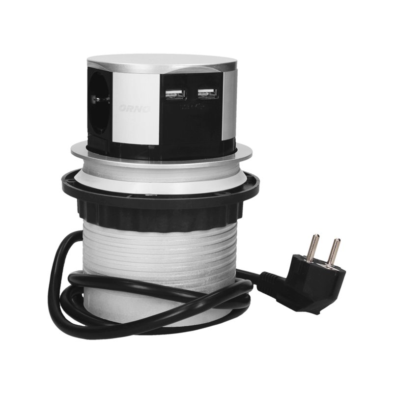GNIAZDO MEBLOWE O10CM WYSUWANE Z BLATU Z ŁADOWARKĄ USB I PRZEWODEM 1,5M, 3X2P+Z, 2XUSB, WERSJA SCHUKO ORNO GNIAZDO MEBLOWE O10CM WYSUWANE Z BLATU Z ŁADOWARKĄ USB I PRZEWODEM 1,5M, 3X2P+Z, 2XUSB, WERSJA SCHUKO ORNO