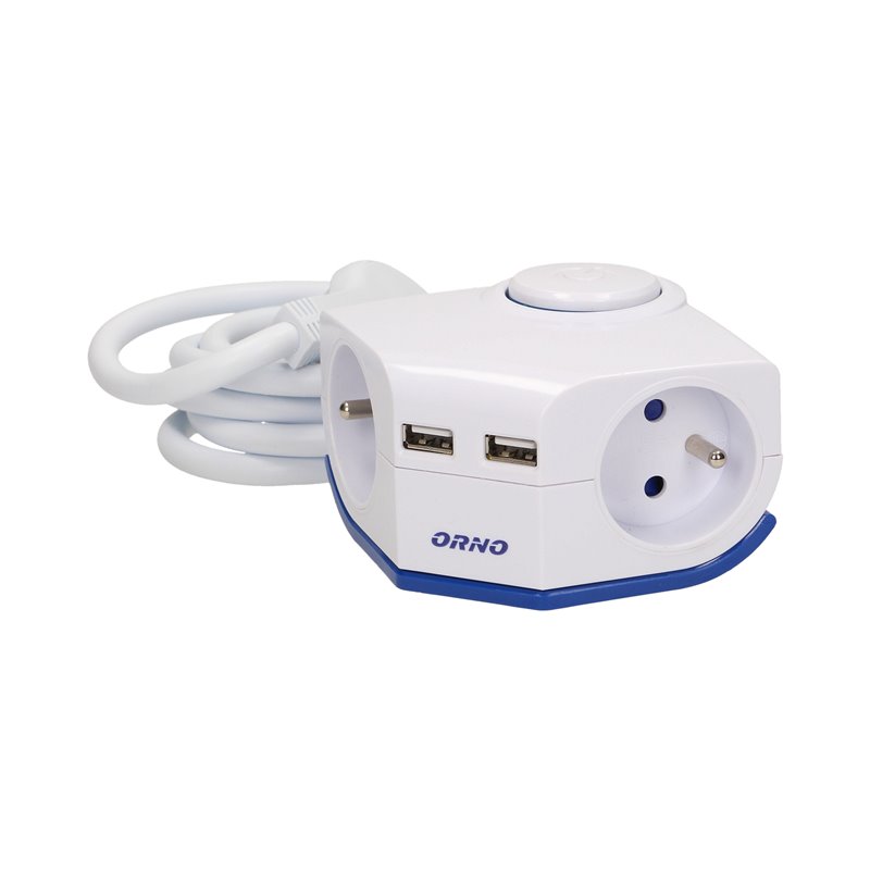 PRZEDŁUŻACZ ROGOWY Z PŁASKĄ WTYCZKA I ŁADOWARKĄ, 2X2P+Z, 2XUSB, PRZEWÓD 1,5M 3X1MM ORNO PRZEDŁUŻACZ ROGOWY Z PŁASKĄ WTYCZKA I ŁADOWARKĄ, 2X2P+Z, 2XUSB, PRZEWÓD 1,5M 3X1MM ORNO