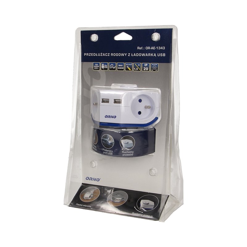 PRZEDŁUŻACZ ROGOWY Z PŁASKĄ WTYCZKA I ŁADOWARKĄ, 2X2P+Z, 2XUSB, PRZEWÓD 1,5M 3X1MM ORNO PRZEDŁUŻACZ ROGOWY Z PŁASKĄ WTYCZKA I ŁADOWARKĄ, 2X2P+Z, 2XUSB, PRZEWÓD 1,5M 3X1MM ORNO