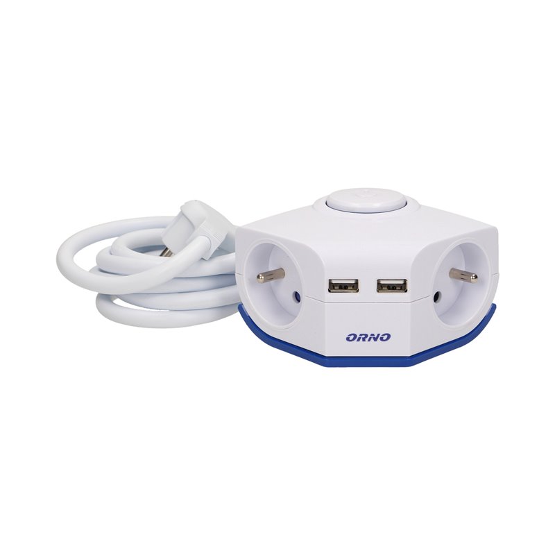 PRZEDŁUŻACZ ROGOWY Z PŁASKĄ WTYCZKA I ŁADOWARKĄ, 2X2P+Z, 2XUSB, PRZEWÓD 1,5M 3X1MM ORNO PRZEDŁUŻACZ ROGOWY Z PŁASKĄ WTYCZKA I ŁADOWARKĄ, 2X2P+Z, 2XUSB, PRZEWÓD 1,5M 3X1MM ORNO