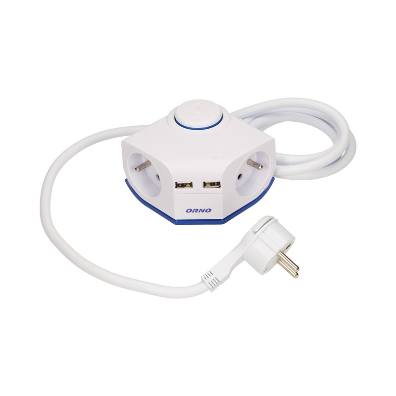 PRZEDŁUŻACZ ROGOWY Z PŁASKĄ WTYCZKA I ŁADOWARKĄ, 2X2P+Z, 2XUSB, PRZEWÓD 1,5M 3X1MM ORNO PRZEDŁUŻACZ ROGOWY Z PŁASKĄ WTYCZKA I ŁADOWARKĄ, 2X2P+Z, 2XUSB, PRZEWÓD 1,5M 3X1MM ORNO