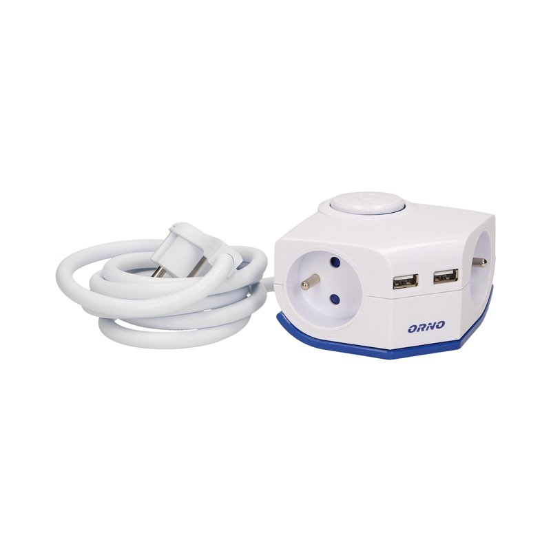 PRZEDŁUŻACZ ROGOWY Z PŁASKĄ WTYCZKA I ŁADOWARKĄ, 2X2P+Z, 2XUSB, PRZEWÓD 1,5M 3X1MM ORNO PRZEDŁUŻACZ ROGOWY Z PŁASKĄ WTYCZKA I ŁADOWARKĄ, 2X2P+Z, 2XUSB, PRZEWÓD 1,5M 3X1MM ORNO