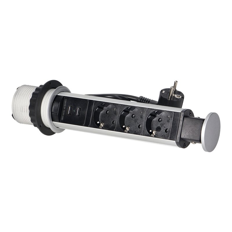 GNIAZDO MEBLOWE O6CM WYSUWANE Z BLATU Z ŁADOWARKĄ USB, BLOKADĄ I PRZEWODEM 1,8M, 3X2P+Z (SCHUKO), SREBRNE ORNO GNIAZDO MEBLOWE O6CM WYSUWANE Z BLATU Z ŁADOWARKĄ USB, BLOKADĄ I PRZEWODEM 1,8M, 3X2P+Z (SCHUKO), SREBRNE ORNO