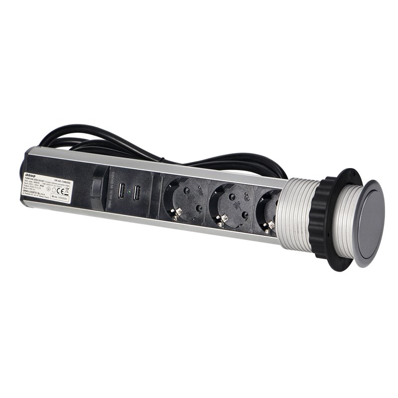 GNIAZDO MEBLOWE O6CM WYSUWANE Z BLATU Z ŁADOWARKĄ USB, BLOKADĄ I PRZEWODEM 1,8M, 3X2P+Z (SCHUKO), SREBRNE ORNO GNIAZDO MEBLOWE O6CM WYSUWANE Z BLATU Z ŁADOWARKĄ USB, BLOKADĄ I PRZEWODEM 1,8M, 3X2P+Z (SCHUKO), SREBRNE ORNO