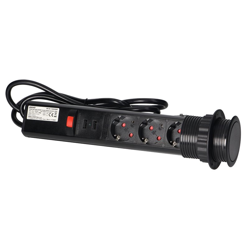 GNIAZDO MEBLOWE O6CM WYSUWANE Z BLATU Z ŁADOWARKĄ USB, BLOKADĄ I PRZEWODEM 1,8M, 3X2P+Z, CZARNE ORNO GNIAZDO MEBLOWE O6CM WYSUWANE Z BLATU Z ŁADOWARKĄ USB, BLOKADĄ I PRZEWODEM 1,8M, 3X2P+Z, CZARNE ORNO