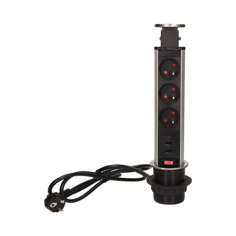 GNIAZDO MEBLOWE O6CM WYSUWANE Z BLATU Z ŁADOWARKĄ USB, BLOKADĄ I PRZEWODEM 1,8M, 3X2P+Z, 2XUSB, INOX ORNO