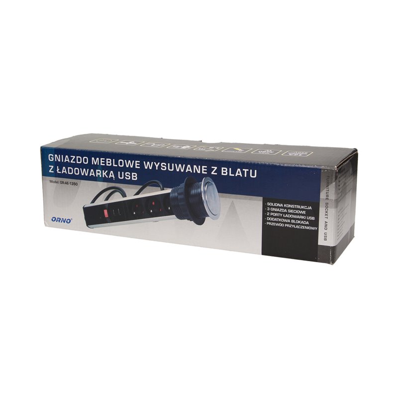 GNIAZDO MEBLOWE O6CM WYSUWANE Z BLATU Z ŁADOWARKĄ USB, BLOKADĄ I PRZEWODEM 1,8M, 3X2P+Z, 2XUSB, INOX ORNO GNIAZDO MEBLOWE O6CM WYSUWANE Z BLATU Z ŁADOWARKĄ USB, BLOKADĄ I PRZEWODEM 1,8M, 3X2P+Z, 2XUSB, INOX ORNO