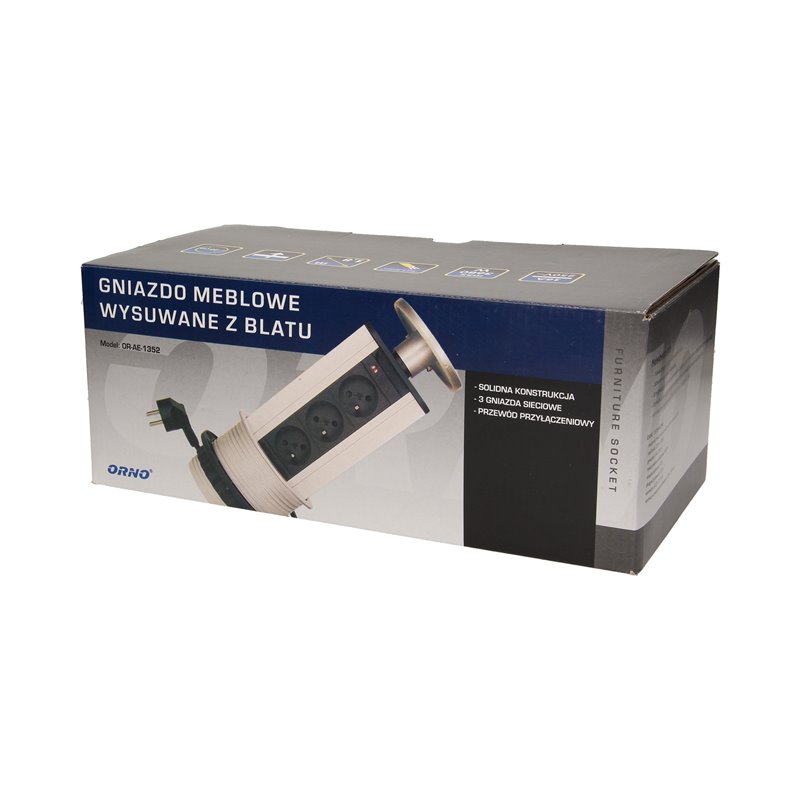 GNIAZDO MEBLOWE O10CM WYSUWANE Z BLATU Z PRZEWODEM 1,8M, 3X2P+Z, INOX ORNO GNIAZDO MEBLOWE O10CM WYSUWANE Z BLATU Z PRZEWODEM 1,8M, 3X2P+Z, INOX ORNO