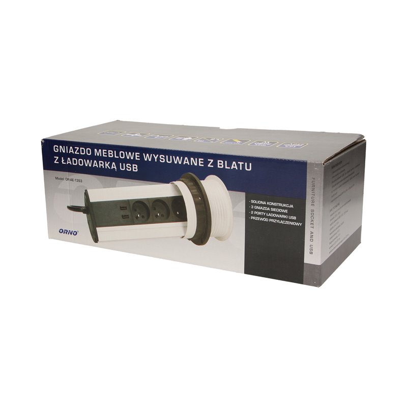 GNIAZDO MEBLOWE O10CM WYSUWANE Z BLATU Z ŁADOWARKĄ USB I PRZEWODEM 1,8M, 3X2P+Z, 2XUSB ORNO GNIAZDO MEBLOWE O10CM WYSUWANE Z BLATU Z ŁADOWARKĄ USB I PRZEWODEM 1,8M, 3X2P+Z, 2XUSB ORNO