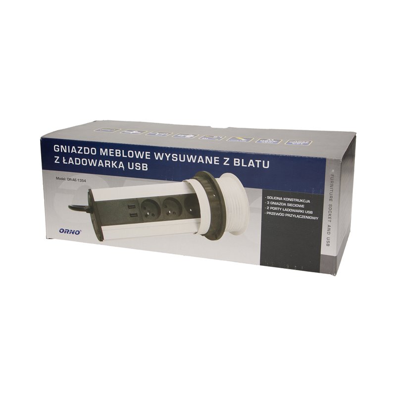 GNIAZDO MEBLOWE O10CM WYSUWANE Z BLATU Z ŁADOWARKĄ USB I PRZEWODEM 1,8M, 3X2P+Z, 2XUSB, INOX ORNO GNIAZDO MEBLOWE O10CM WYSUWANE Z BLATU Z ŁADOWARKĄ USB I PRZEWODEM 1,8M, 3X2P+Z, 2XUSB, INOX ORNO