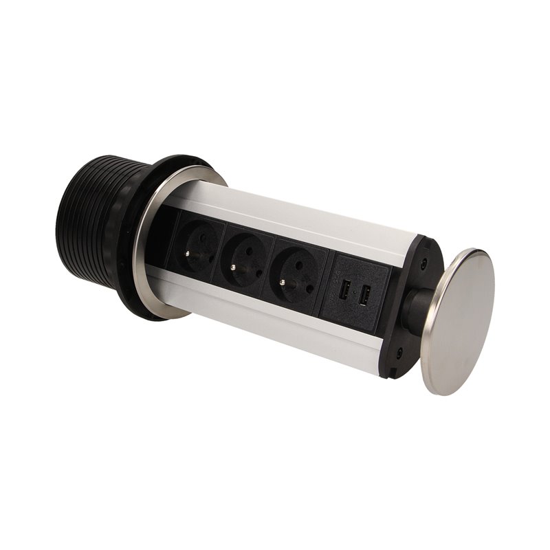 GNIAZDO MEBLOWE O10CM WYSUWANE Z BLATU Z ŁADOWARKĄ USB I PRZEWODEM 1,8M, 3X2P+Z, 2XUSB, INOX ORNO GNIAZDO MEBLOWE O10CM WYSUWANE Z BLATU Z ŁADOWARKĄ USB I PRZEWODEM 1,8M, 3X2P+Z, 2XUSB, INOX ORNO