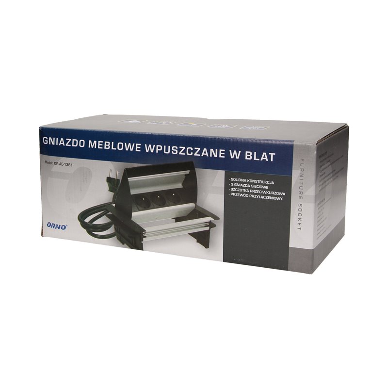 GNIAZDO MEBLOWE WPUSZCZANE W BLAT ZE SZCZOTKĄ PRZECIWKURZOWĄ I PRZEWODEM 1,8M, 3X2P+Z ORNO GNIAZDO MEBLOWE WPUSZCZANE W BLAT ZE SZCZOTKĄ PRZECIWKURZOWĄ I PRZEWODEM 1,8M, 3X2P+Z ORNO