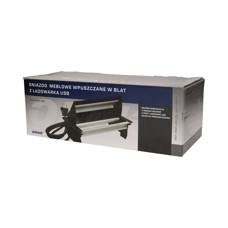 GNIAZDO MEBLOWE WPUSZCZANE W BLAT ZE SZCZOTKĄ PRZECIWKURZOWĄ, ŁADOWARKĄ USB I PRZEWODEM 1,8M, 3X2P+Z, 2XUSB ORNO GNIAZDO MEBLOWE WPUSZCZANE W BLAT ZE SZCZOTKĄ PRZECIWKURZOWĄ, ŁADOWARKĄ USB I PRZEWODEM 1,8M, 3X2P+Z, 2XUSB ORNO