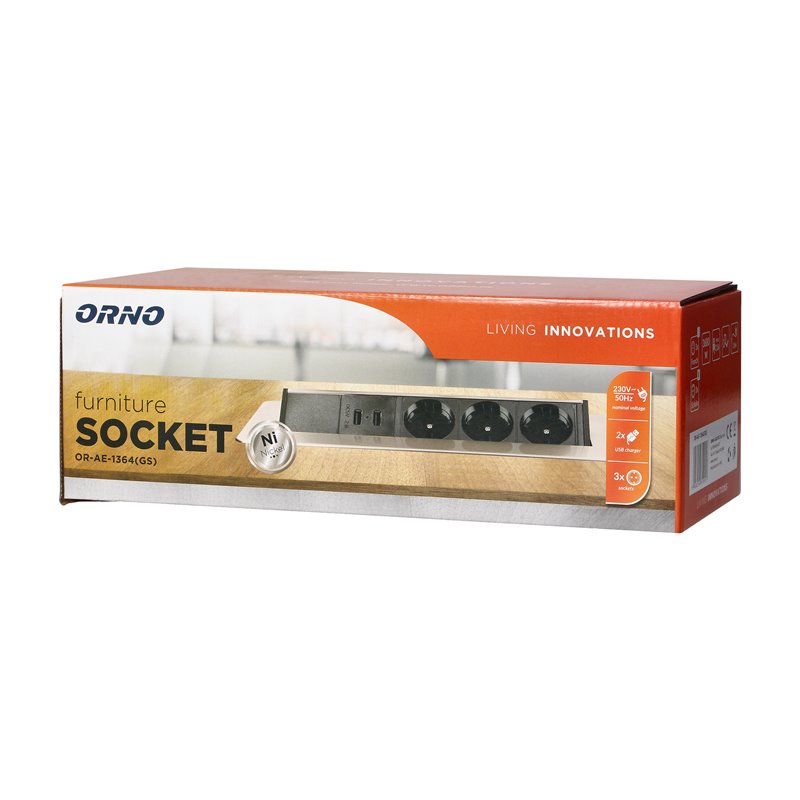 GNIAZDO MEBLOWE WPUSZCZANE W BLAT W NIKLOWANEJ OBUDOWIE Z ŁADOWARKĄ USB I PRZEWODEM 1,8M, 3X2P+Z (SCHUKO), 2XUSB ORNO GNIAZDO MEBLOWE WPUSZCZANE W BLAT W NIKLOWANEJ OBUDOWIE Z ŁADOWARKĄ USB I PRZEWODEM 1,8M, 3X2P+Z (SCHUKO), 2XUSB ORNO