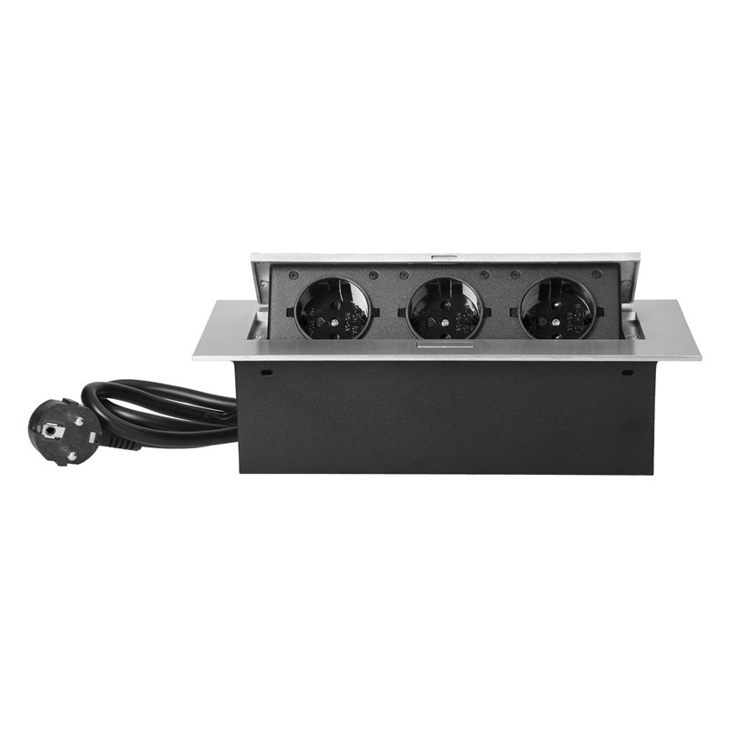 GNIAZDO MEBLOWE WPUSZCZANE W BLAT Z PŁASKIM RANTEM, 3 GNIAZDAMI 2P+Z (SCHUKO) ORAZ PRZEWODEM 1,5M (3X1,5MM2), SREBRNE ORNO GNIAZDO MEBLOWE WPUSZCZANE W BLAT Z PŁASKIM RANTEM, 3 GNIAZDAMI 2P+Z (SCHUKO) ORAZ PRZEWODEM 1,5M (3X1,5MM2), SREBRNE ORNO