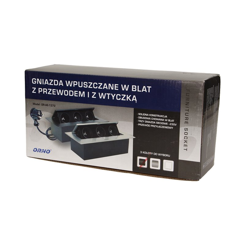 GNIAZDO MEBLOWE WPUSZCZANE W BLAT Z PŁASKIM RANTEM 3X2P+Z, PRZEWÓD 1,5M 3X1,5MM2, CZARNE ORNO GNIAZDO MEBLOWE WPUSZCZANE W BLAT Z PŁASKIM RANTEM 3X2P+Z, PRZEWÓD 1,5M 3X1,5MM2, CZARNE ORNO