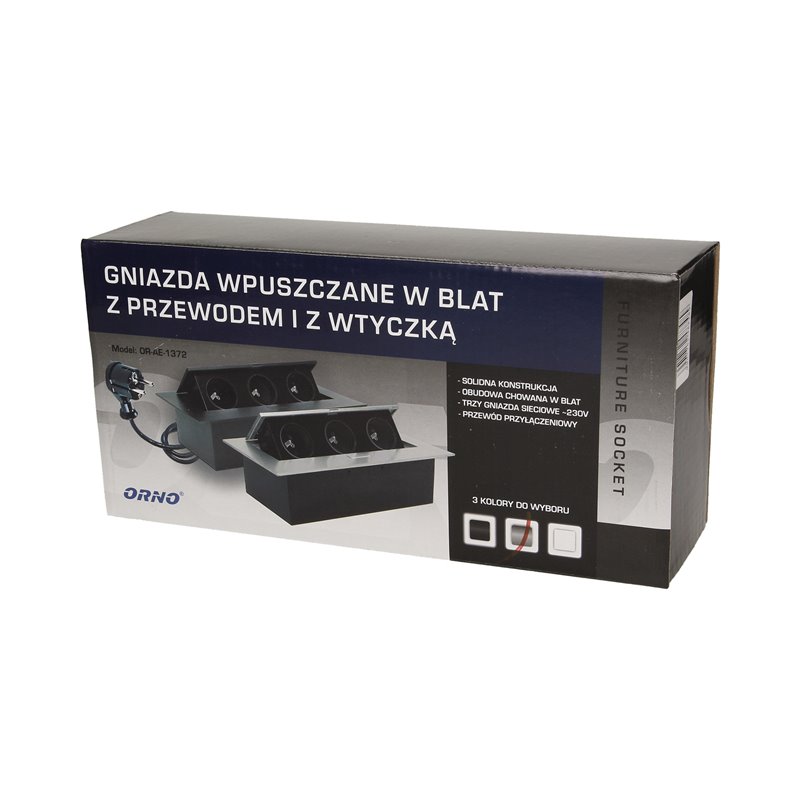 GNIAZDO MEBLOWE WPUSZCZANE W BLAT Z PŁASKIM RANTEM 3X2P+Z, PRZEWÓD 1,5M 3X1,5MM2, SREBRNE ORNO GNIAZDO MEBLOWE WPUSZCZANE W BLAT Z PŁASKIM RANTEM 3X2P+Z, PRZEWÓD 1,5M 3X1,5MM2, SREBRNE ORNO